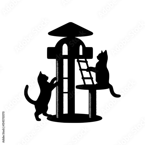 Two cats playing on a cat tree silhouette