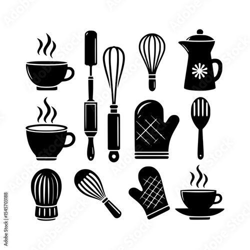 Baking utensils and coffee cups icon set