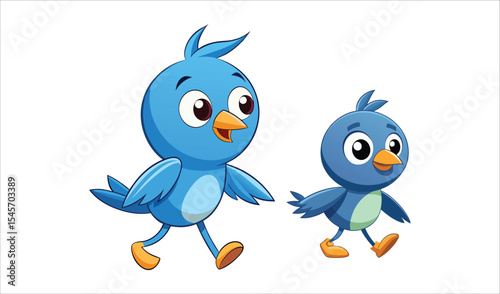 Two cute cartoon blue birds walking