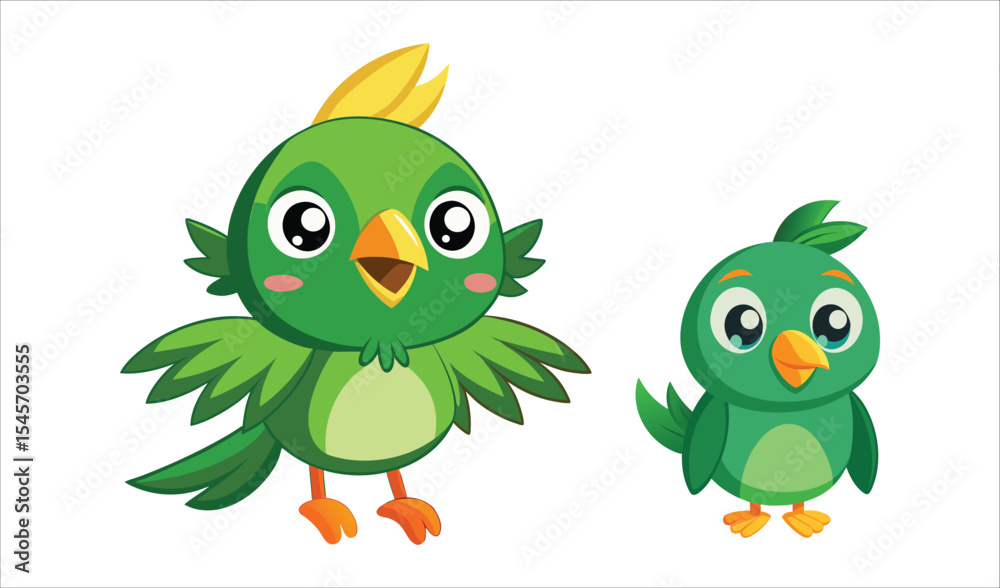 Fototapeta premium Two adorable cartoon green parrots illustration