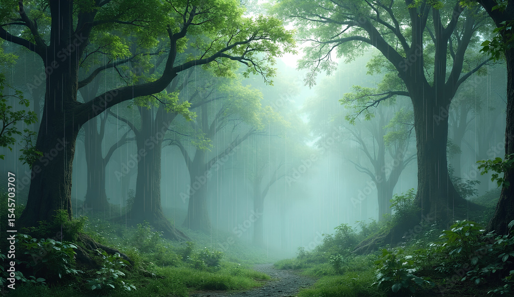 Obraz premium Tranquil Misty Forest with Sunlight