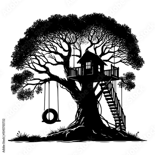 Black and white silhouette of tree house with swings