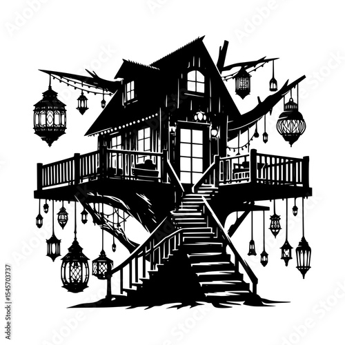 Enchanted treetop house with hanging lanterns
