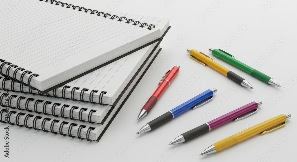 Fototapeta premium Stack of White Spiral Notebooks and Colorful Pens on White Desk