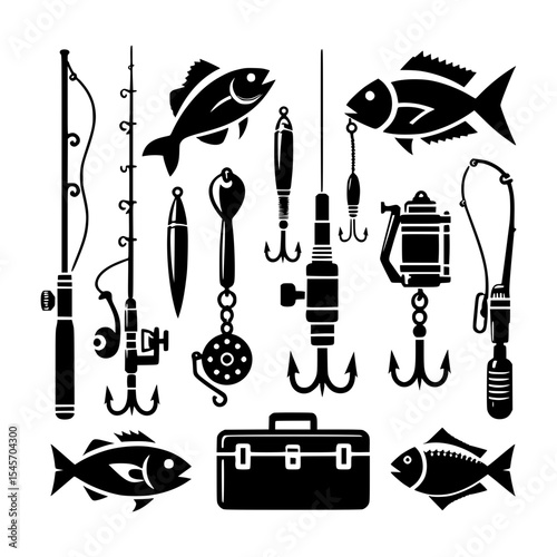 Fishing tackle icons rods reels lures and fish