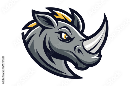 A stylized gray rhino head with fierce yellow eyes watches intently forward here