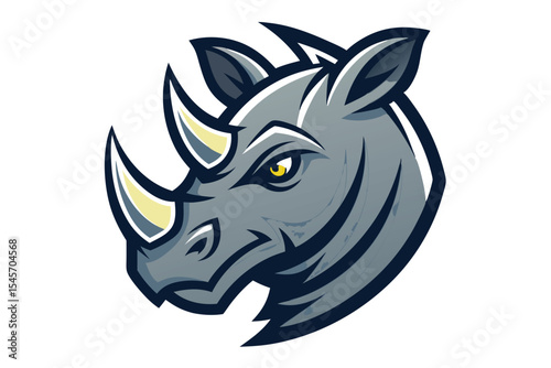 Closeup shows a gray cartoon rhinoceros head with a bold yellow eye looking forward