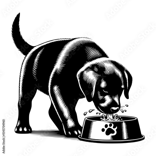 Black labrador puppy drinking water from bowl