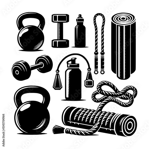 Fitness equipment icons kettlebells dumbbells and more