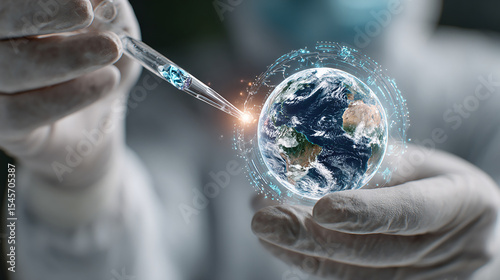 Innovative scientific research concept showing scientist holding pipette with glowing earth hologram representing global technology and future discovery