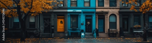 Autumnal Townhouses Teal, Orange Doors, Fall Foliage, Cityscape, Urban Photography Cityscape, Urban Photography