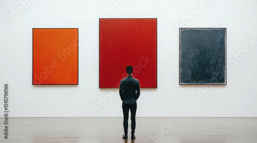 Individual Observing Abstract Art Paintings on Gallery Wall in Modern Exhibition Space with Vibrant Colors and Minimalistic Design Elements