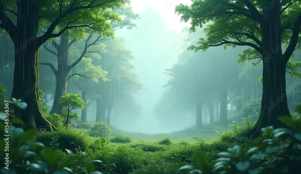 Obraz premium Tranquil Misty Forest with Sunlight