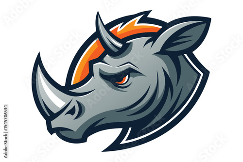 Fierce rhinoceros head showcases strong sharp horns and fiery orange accent encircling, against white