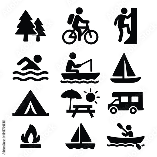 Outdoor Adventure and Camping Icon Set  Black Silhouette Vectors

