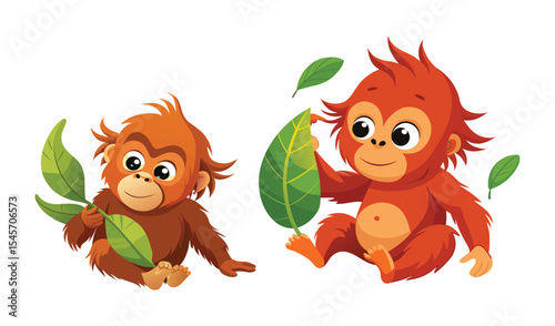 Two adorable baby orangutans with green leaves