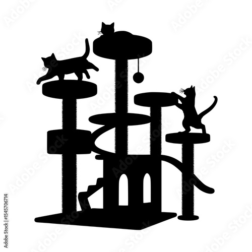 Silhouette of cats playing on a multi level cat tree