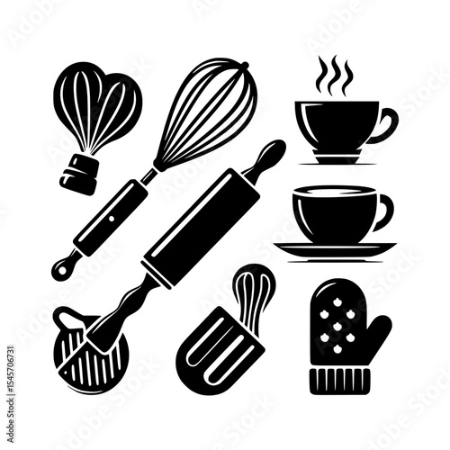 Baking utensils and coffee cups icon set
