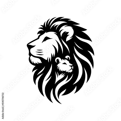 Majestic lion and cub profile black and white design