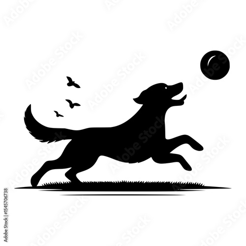 Silhouette of dog fetching ball at sunset