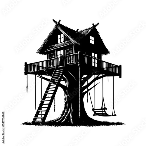 Black and white illustration of a treehouse