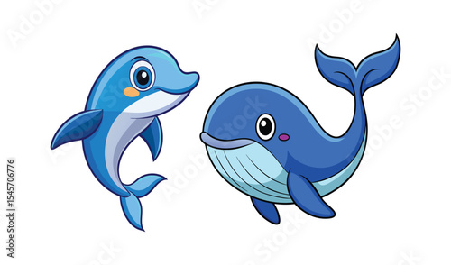 Cute cartoon dolphin and whale illustration