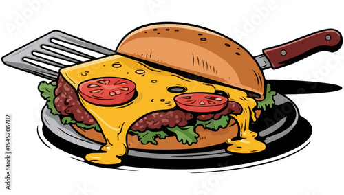 A delicious fast-food meal featuring a hamburger on a plate with a fork and knife, accompanied by a cartoon illustration of a cheese and tomato burger.