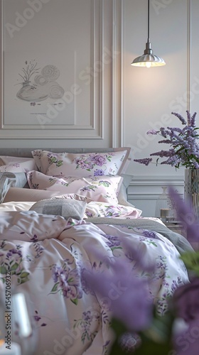 Cozy bedroom with lavender accents, floral bedding, and soft natural lighting.