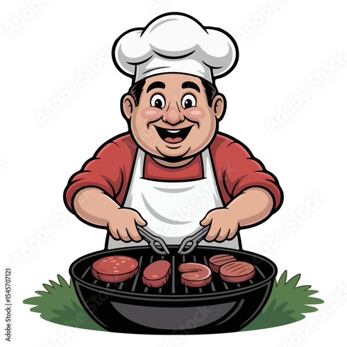 A chef cooking chicken or beef meat barbecue cartoon restaurant chef/cooker logotype vector illustration.