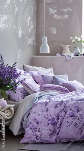 Cozy bedroom with lavender accents, floral bedding, and soft natural lighting.