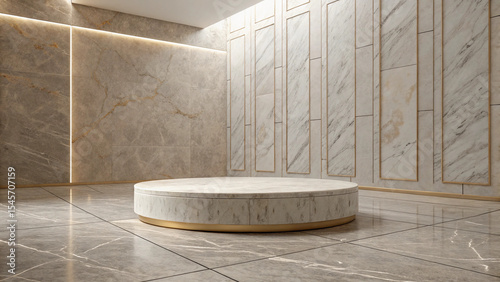 Large marble floor with a round table in the center