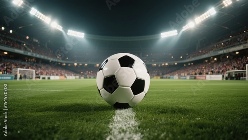In the center of the football field, a classic black - and - white football rests on the green grass by the white line. The background is a brightly lit, full stadium, rendering a passionate match atm