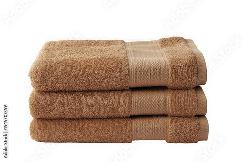 Stack of three beige bath towels, soft and fluffy, spa and bathroom linens, hotel quality, textile, fabric, pile, absorbent isolated on transparent background