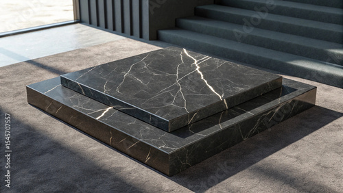 Black marble table with a black carpet underneath it