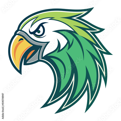 Fierce green and white eagle head displays focused intensity with bold outline design