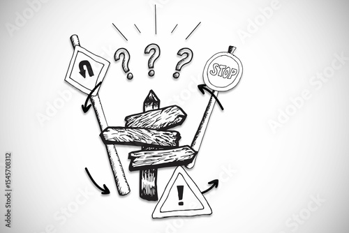 Black-and-white sketch is showing wooden signpost with traffic signs, question marks and arrows