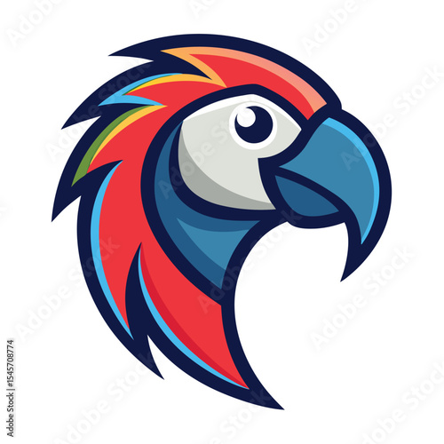 Colorful parrot head mascot shows a vibrant feathered pattern in the detailed profile
