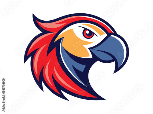 Striking macaw head emblem displays vibrant feathers and bold colors in a simple style