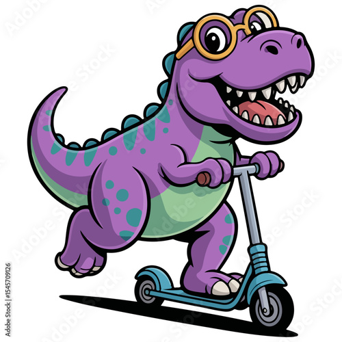 Cute cartoon dinosaur riding a square scooter character drawing, illustration with funny and playful animal design.