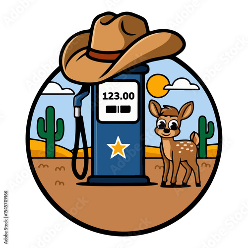 Old Filling Station on the desert logo design with hat, deer, nature, logo, vector, illustration.