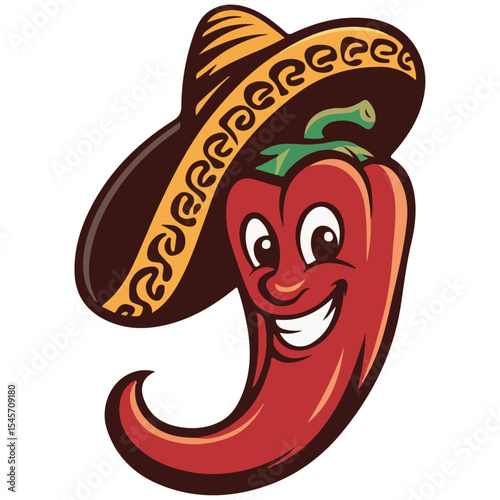 Mexican Chili Green Hot Pepper with hat Vector Character Illustration.