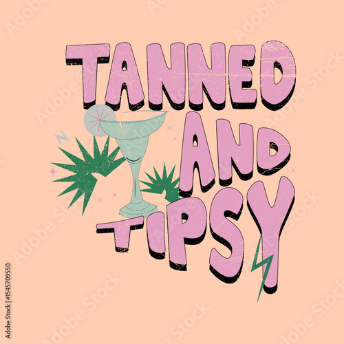 Tanned and Tipsy Summer Beach Quote Graphic for Apparel. A playful beach quote design with “Tanned and Tipsy” text, perfect for fun summer t-shirts, stickers, or beach party-themed backgrounds.