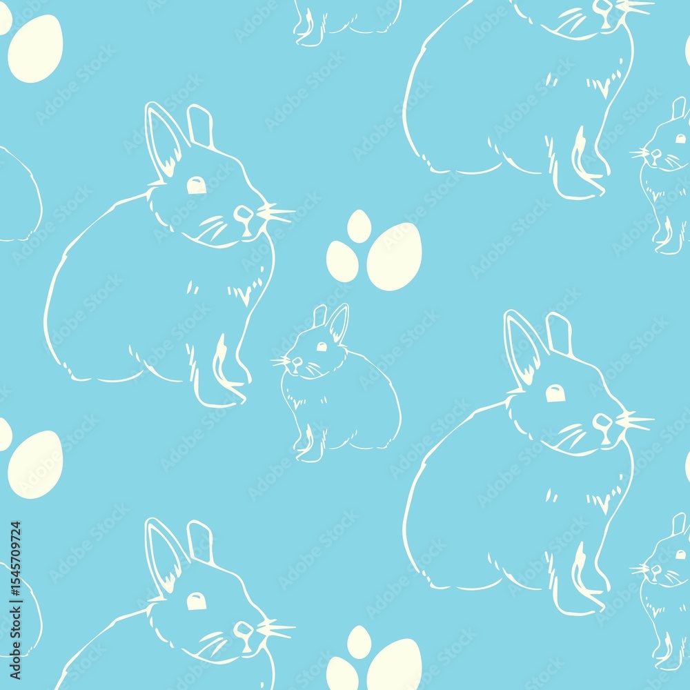 Obraz premium Seamless flat design pattern is showing white rabbit lines with oval shapes on sky blue background