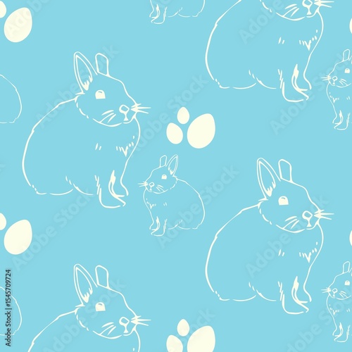 Seamless flat design pattern is showing white rabbit lines with oval shapes on sky blue background