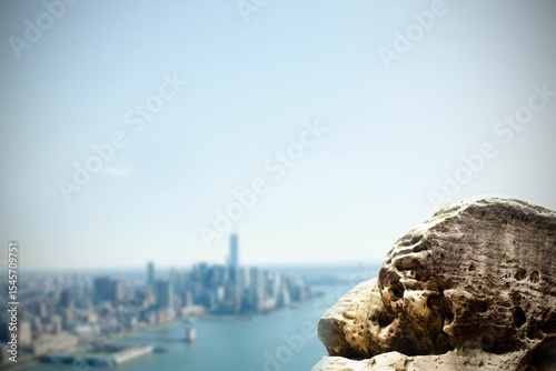 Large rock overlooking coastline city © vectorfusionart