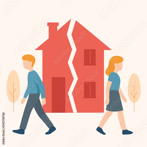 Flat Illustration of Broken House Depicting Divorce and Separation for Couple