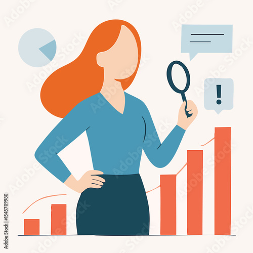 Flat Style Woman Analyzing Business Data Growth with Magnifying Glass Illustration