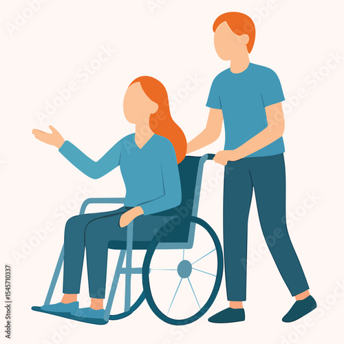 Flat Illustration Man Pushing Woman on Wheelchair Healthcare Accessibility Design