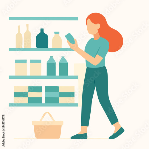 Flat Illustration Woman Checking Label in Grocery Store Aisle