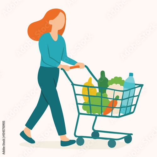 Flat Illustration Woman Pushing Shopping Cart Full of Groceries Shopping Illustration